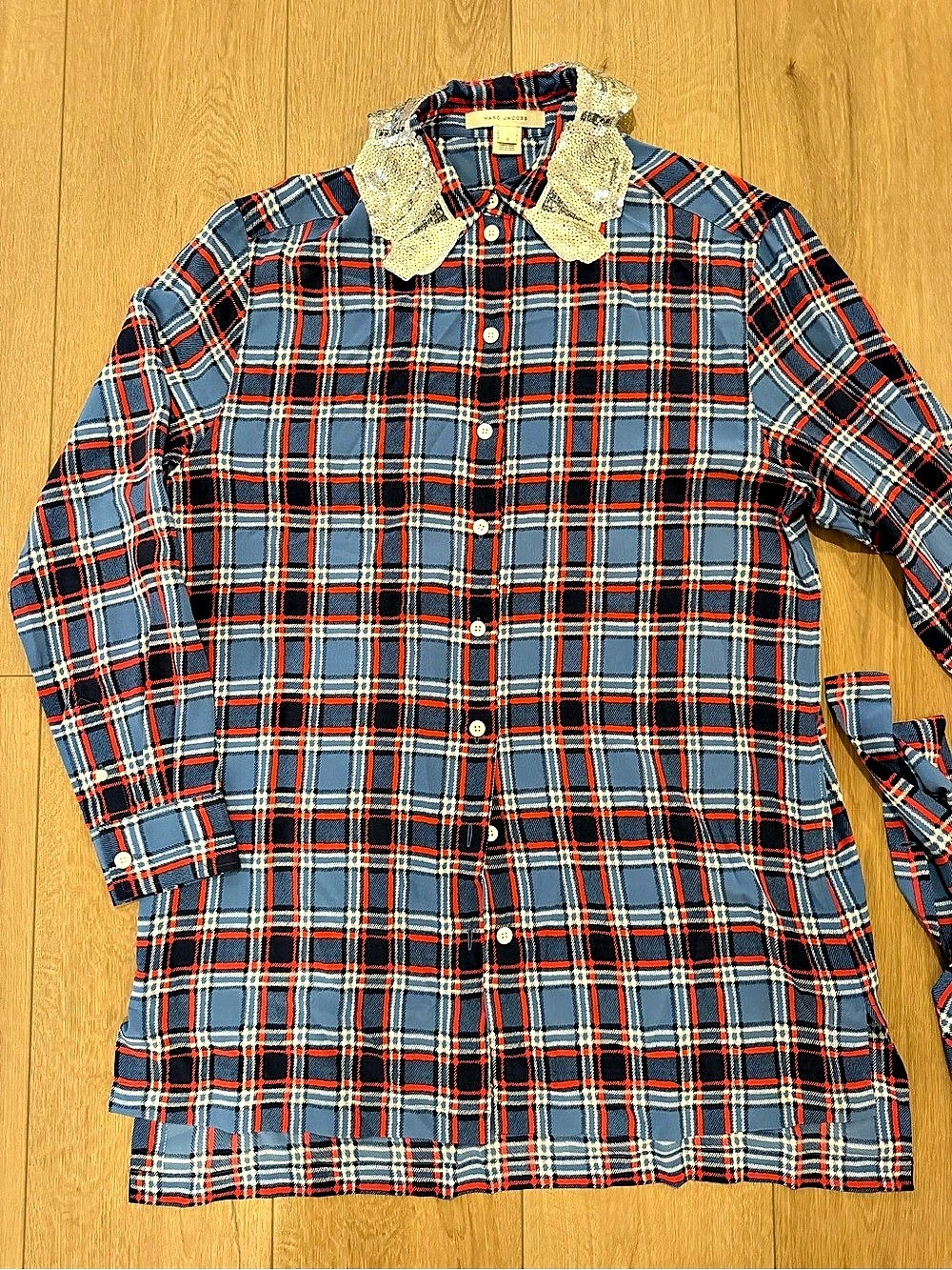 Marc Jacobs Plaid Silk Sequin Collar Shirt Blue & Red Size 6